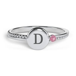 Engravable Disc Ring with Gemstone and Beaded Band
