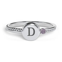 Engravable Disc Ring with Gemstone and Beaded Band