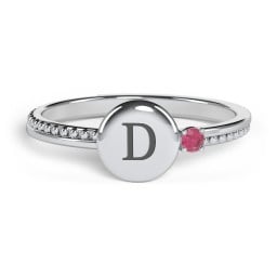Engravable Disc Ring with Gemstone and Beaded Band
