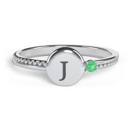 Engravable Disc Ring with Gemstone and Beaded Band