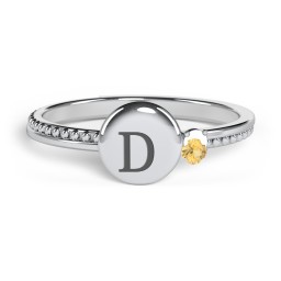 Engravable Disc Ring with Gemstone and Beaded Band