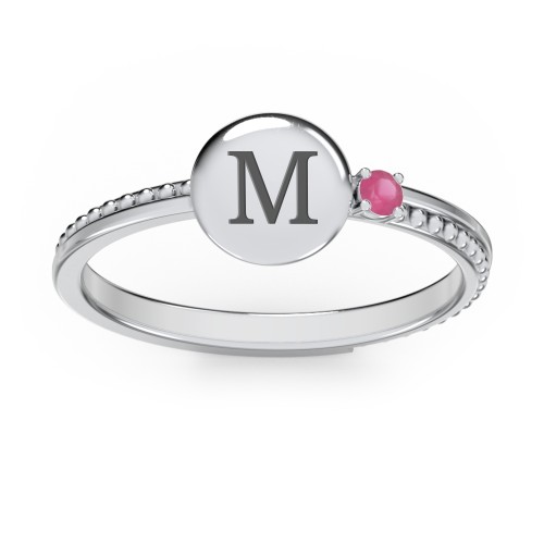 Engravable Disc Ring with Gemstone and Beaded Band – Sterling Silver with Ruby