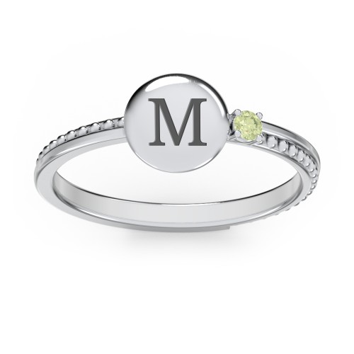 Engravable Disc Ring with Gemstone and Beaded Band