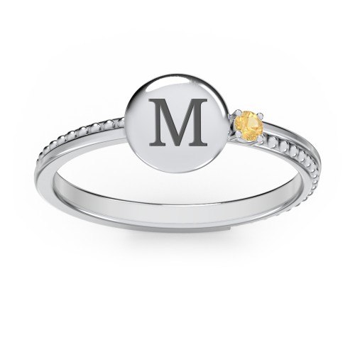 Engravable Disc Ring with Gemstone and Beaded Band