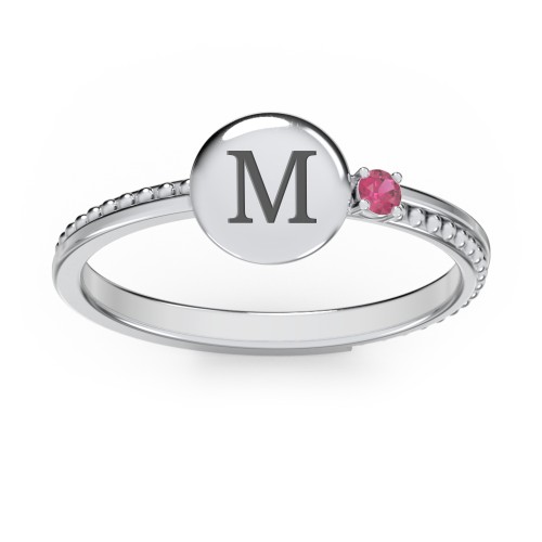 Engravable Disc Ring with Gemstone and Beaded Band