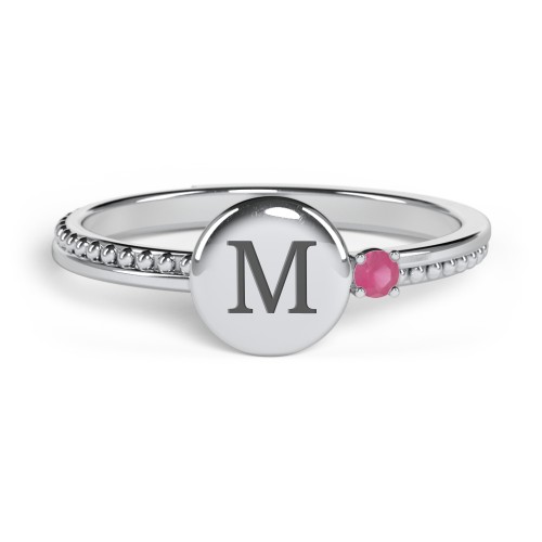 Engravable Disc Ring with Gemstone and Beaded Band – Sterling Silver with Ruby