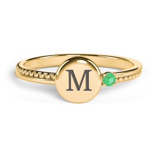 Engravable Disc Ring with Gemstone and Beaded Band – 10K Yellow Gold with Emerald