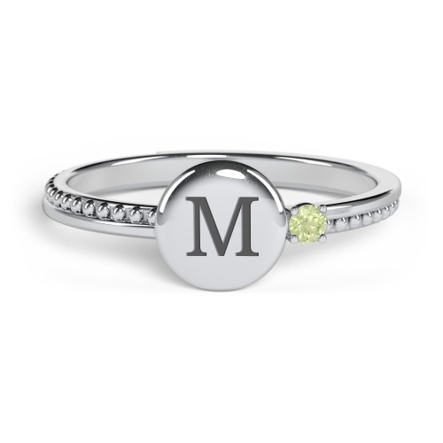 Engravable Disc Ring with Gemstone and Beaded Band