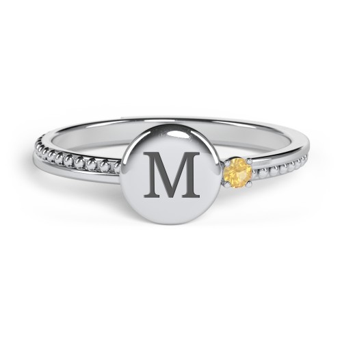 Engravable Disc Ring with Gemstone and Beaded Band