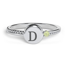 Engravable Disc Ring with Gemstone and Beaded Band in 925 Sterling Silver with Peridot