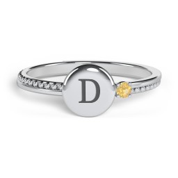 Engravable Disc Ring with Gemstone and Beaded Band in 925 Sterling Silver with Citrine