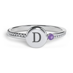 Engravable Disc Ring with Gemstone and Beaded Band in 925 Sterling Silver with Amethyst