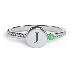 Engravable Disc Ring with Gemstone and Beaded Band in 925 Sterling Silver with Emerald