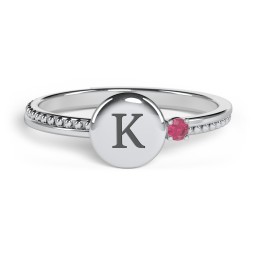 Engravable Disc Ring with Gemstone and Beaded Band in 925 Sterling Silver with Ruby