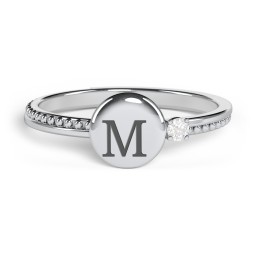 Engravable Disc Ring with Gemstone and Beaded Band in 925 Sterling Silver with Diamond