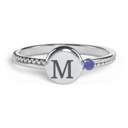 Engravable Disc Ring with Gemstone and Beaded Band in 925 Sterling Silver with Blue Sapphire