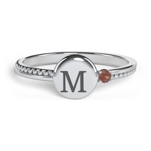 Engravable Disc Ring with Gemstone and Beaded Band – Sterling Silver with Garnet