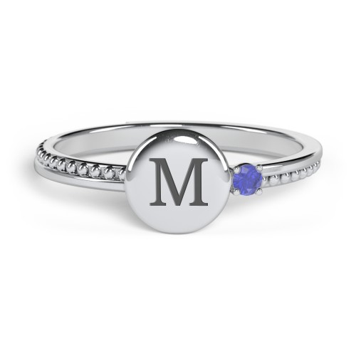 Engravable Disc Ring with Gemstone and Beaded Band – Sterling Silver with Blue Sapphire