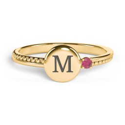 Engravable Disc Ring with Gemstone and Beaded Band in 10K Solid Yellow Gold with Ruby