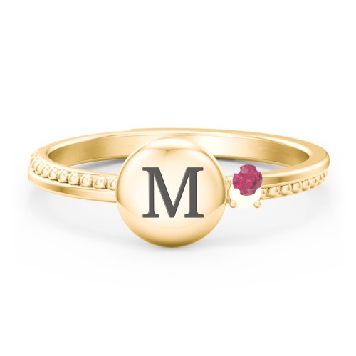 Engravable Disc Ring with Gemstone and Beaded Band – 10K Yellow Gold with Ruby