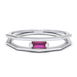 Faceted Double Band with Baguette Stone in 925 Sterling Silver with Ruby