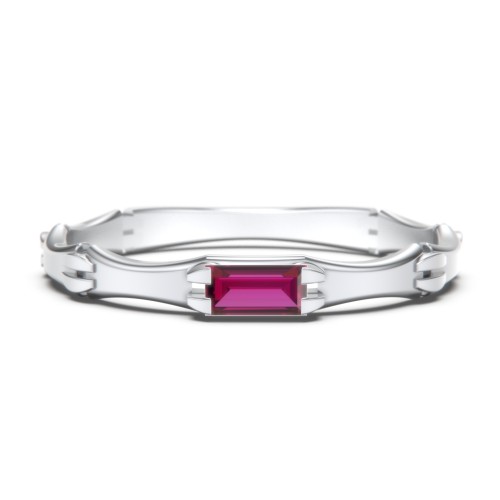 East-West Stackable Baguette Ring with Hinged Texture – Sterling Silver with Ruby