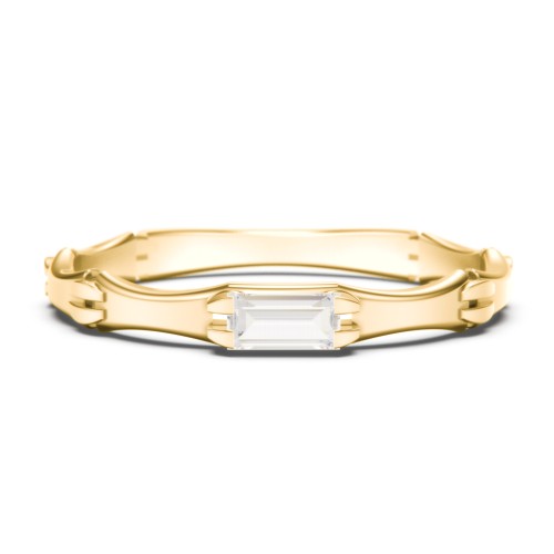 East-West Stackable Baguette Ring with Hinged Texture – 10K Yellow Gold with Cubic Zirconia