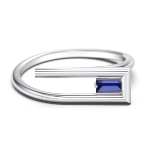 Geometric Wire Ring with East-West Baguette Gemstone – Sterling Silver with Blue Sapphire
