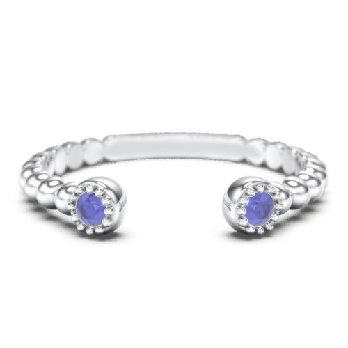 Beaded Ball Open Cuff Ring with Gemstones – Sterling Silver with Blue Sapphire