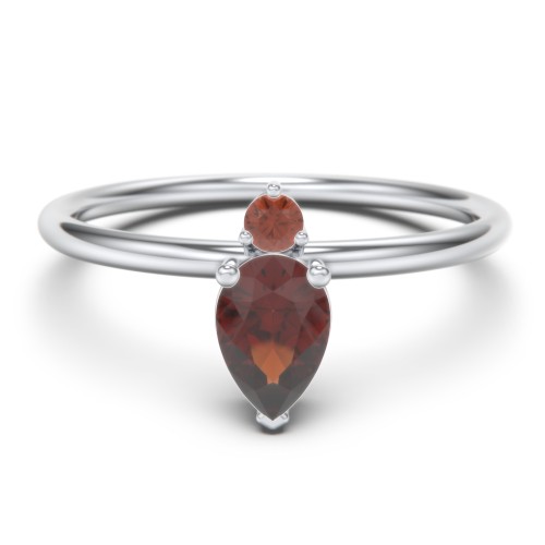 Pear Ring with Round Accent Stone – Sterling Silver with Garnet