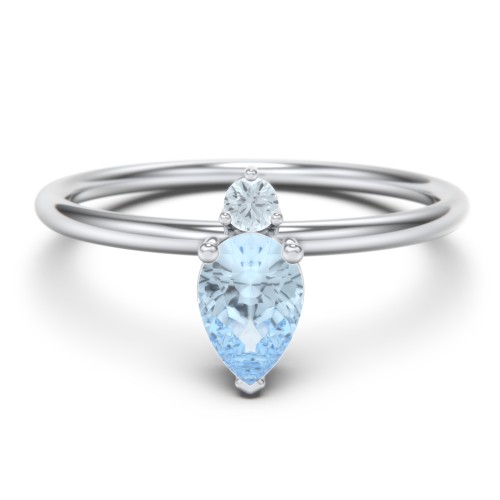 Pear Ring with Round Accent Stone – Sterling Silver with Aquamarine