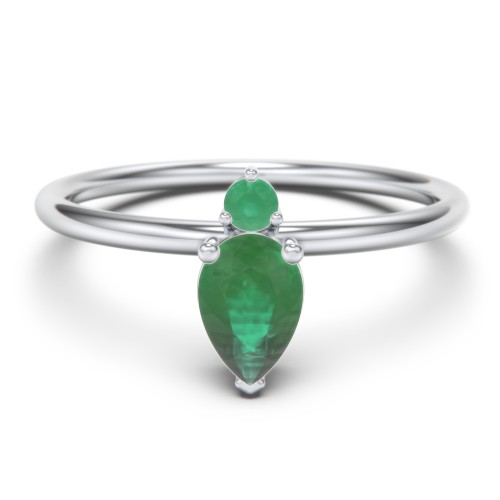 Pear Ring with Round Accent Stone – Sterling Silver with Emerald