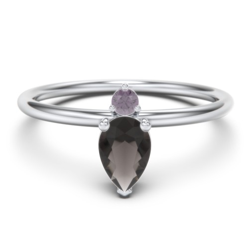 Pear Ring with Round Accent Stone – Sterling Silver with Smokey Quartz and Alexandrite