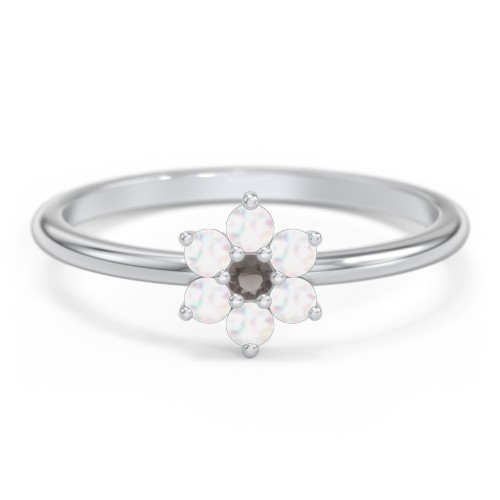 Flower Stackable Ring with Gemstones – Sterling Silver with Smokey Quartz and Opal