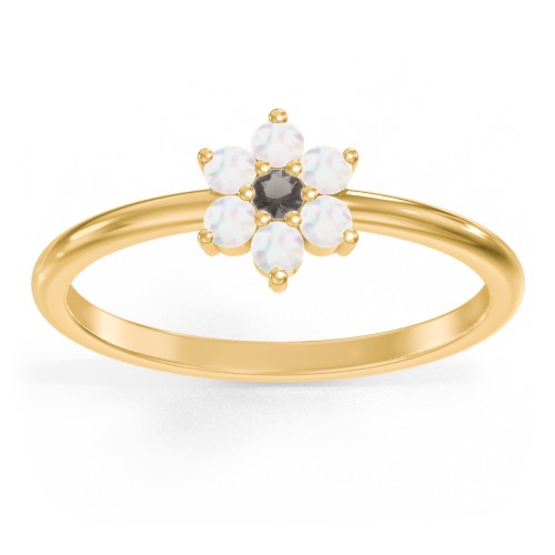 Flower Stackable Ring with Gemstones – 10K Yellow Gold with Smokey Quartz and Opal