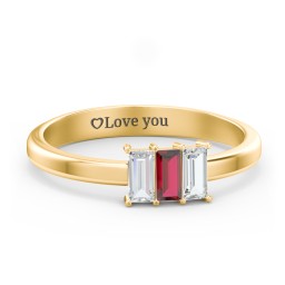 3 Stone Vertical Baguette Ring in 10K Solid Yellow Gold with Cubic Zirconia and Garnet
