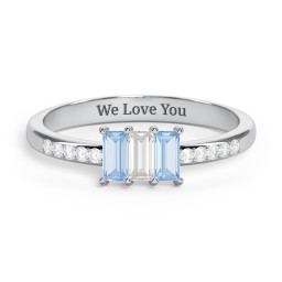 3 Stone Vertical Baguette Ring with Accents in 925 Sterling Silver with Blue Topaz, Cubic Zirconia, and White Premium Zirconia