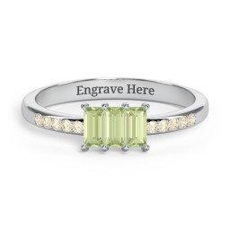 3 Stone Vertical Baguette Ring with Accents in 925 Sterling Silver with Peridot and Fancy Yellow Premium Zirconia
