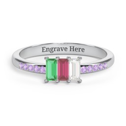 3 Stone Vertical Baguette Ring with Accents in 925 Sterling Silver with Emerald, Ruby, Cubic Zirconia, and Amethyst Premium Zirconia