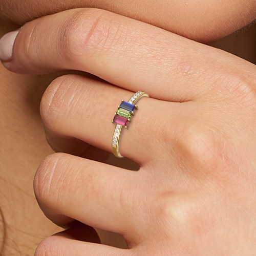 3 Stone Vertical Baguette Ring with Accents – Sterling Silver with Blue Topaz, Cubic Zirconia, and White Premium Zirconia