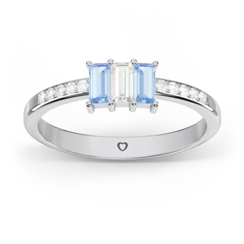 3 Stone Vertical Baguette Ring with Accents – Sterling Silver with Blue Topaz, Cubic Zirconia, and White Premium Zirconia