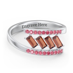 Tilted Baguette Bypass Ring with Accents in 925 Sterling Silver with Garnet and Red Premium Zirconia