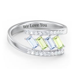 Tilted Baguette Bypass Ring with Accents in 925 Sterling Silver with Aquamarine, Peridot, and White Premium Zirconia