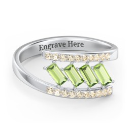 Tilted Baguette Bypass Ring with Accents in 925 Sterling Silver with Peridot and Fancy Yellow Premium Zirconia