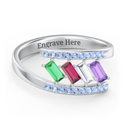 Tilted Baguette Bypass Ring with Accents in 925 Sterling Silver with Emerald, Ruby, Cubic Zirconia, Amethyst, and Fancy Blue Premium Zirconia