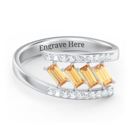 Tilted Baguette Bypass Ring with Accents in 925 Sterling Silver with Citrine and White Premium Zirconia