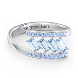 Tilted Baguette Bypass Ring with Accents in 925 Sterling Silver with Blue Topaz and Fancy Blue Premium Zirconia