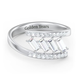 Tilted Baguette Bypass Ring with Accents in 925 Sterling Silver with Cubic Zirconia and White Premium Zirconia