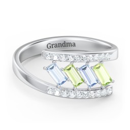 Tilted Baguette Bypass Ring with Accents in 925 Sterling Silver with Aquamarine, Peridot, and White Premium Zirconia