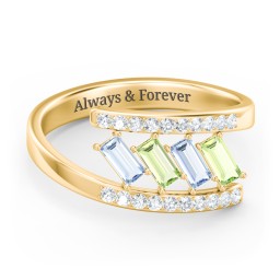 Tilted Baguette Bypass Ring with Accents in 10K Solid Yellow Gold with Aquamarine, Peridot, and White Premium Zirconia